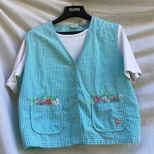 Koret Francisca blue and white Vintage embroidered one piece top, size large